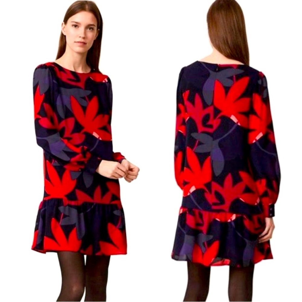 LOFT Mini Dress Floral Red Gray Blue Long Sleeve Drop Waist Size XS